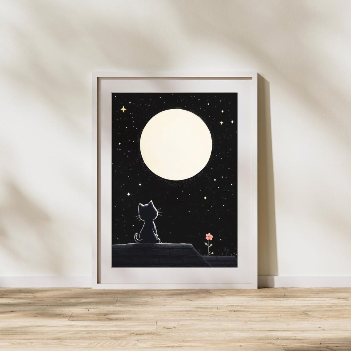 Black Cat Gazing at Full Moon Starry Night Whimsical Art Poster