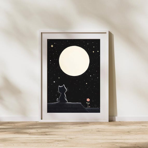 Black Cat Under Full Moon Whimsical Night Sky And Starry Flower Art Print Minimalist Gold Wall