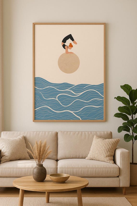 Minimalist Yoga Wall Art Ocean Wave Poster Modern Female Acrobat Print Zen Home Decor Scandinavian For Bedroom Or Living Room