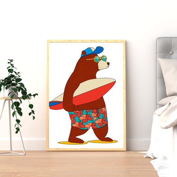 Surfing Bear with Sunglasses and Floral Shorts Kids Room Art Poster