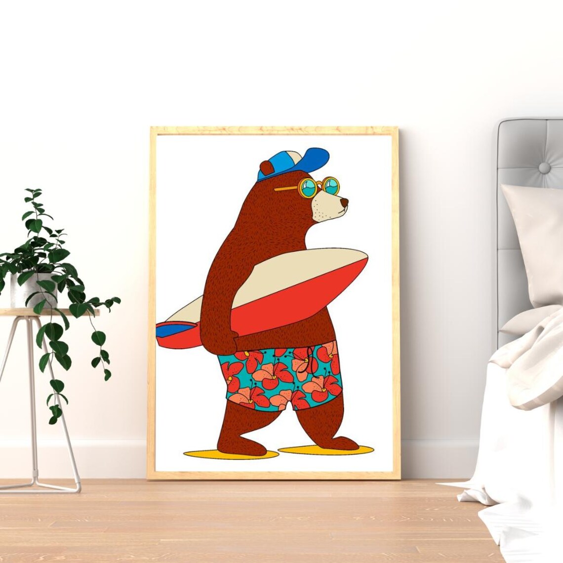 Surfing Bear with Sunglasses and Floral Shorts Kids Room Art Poster