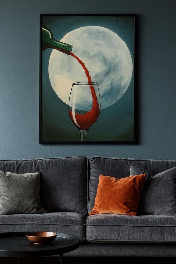Wine Bottle Pouring Into Glass Giant Full Moon Surreal Poster