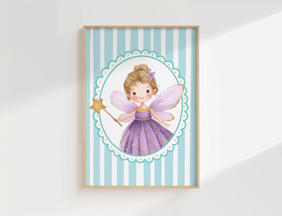 Fairy Painting Magical Pastel Wall Art Print Purple Girls Room Girly Whimsical Nursery Blue Theme