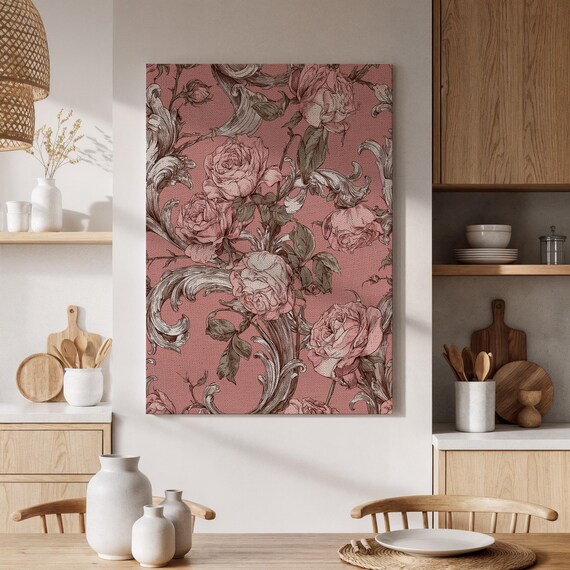 Vintage Pink Roses Baroque Floral Pattern Elegant Bloom Poster