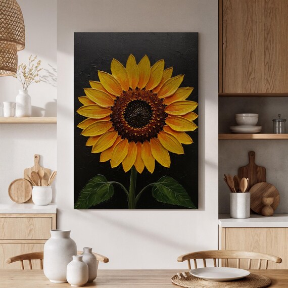 Giant Sunflower On Black Background Floral Oil Painting Poster