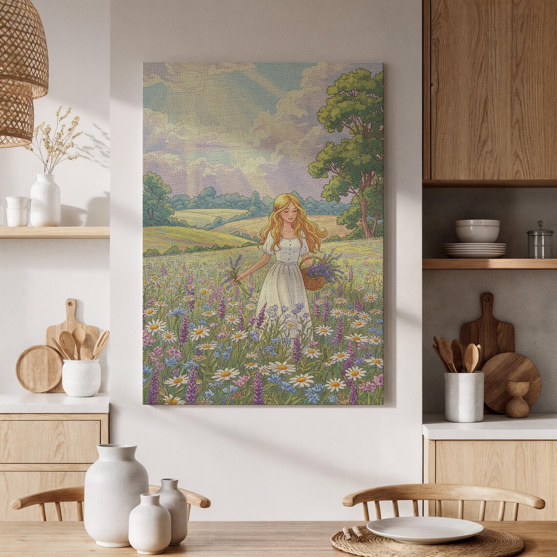 Blonde Woman In White Dress Flower Field Pastoral Summer Art Poster