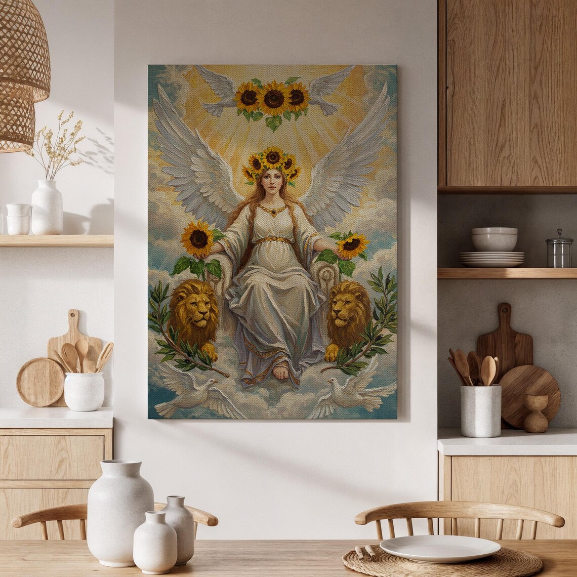 Angel With Sunflowers And Lions Divine Symbolism Heavenly Art Poster