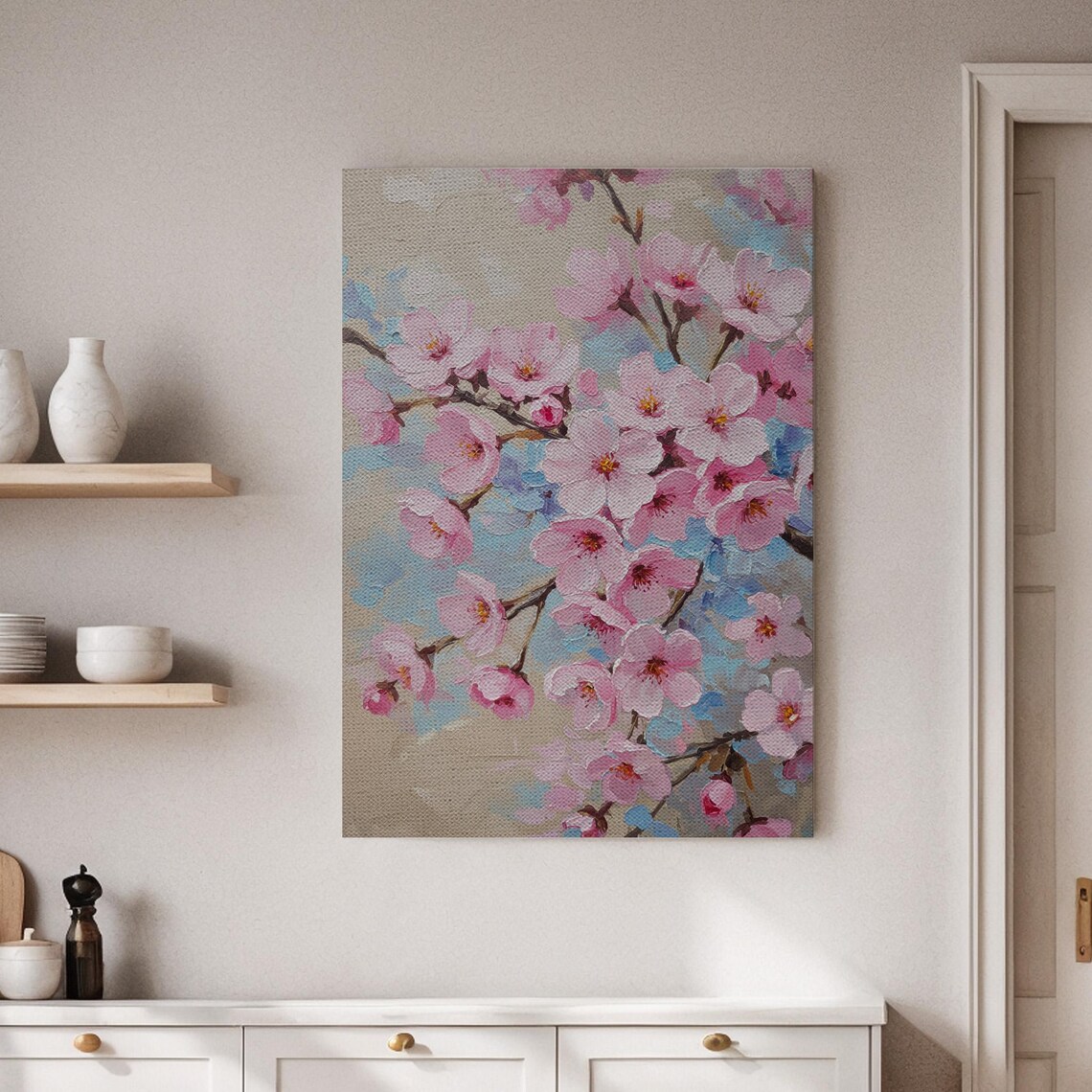 Pink Cherry Blossom Branch in Full Bloom Impressionist Oil Painting Poster