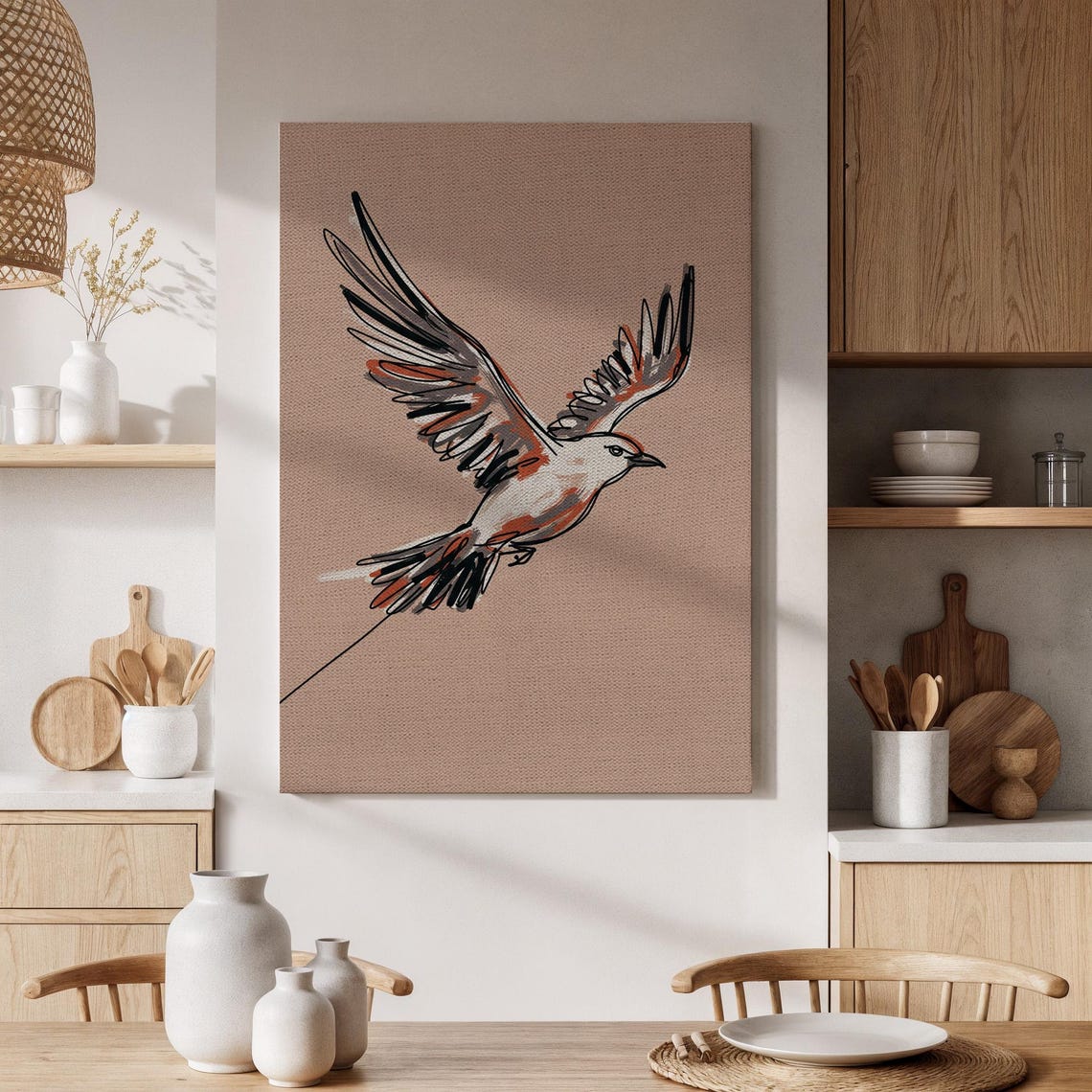 Flying Bird Minimalist Ink Line Art Sketch Modern Neutral Canvas Poster