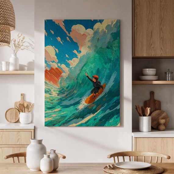 Surfer Riding Giant Turquoise Wave Colorful Surfing Illustration Poster