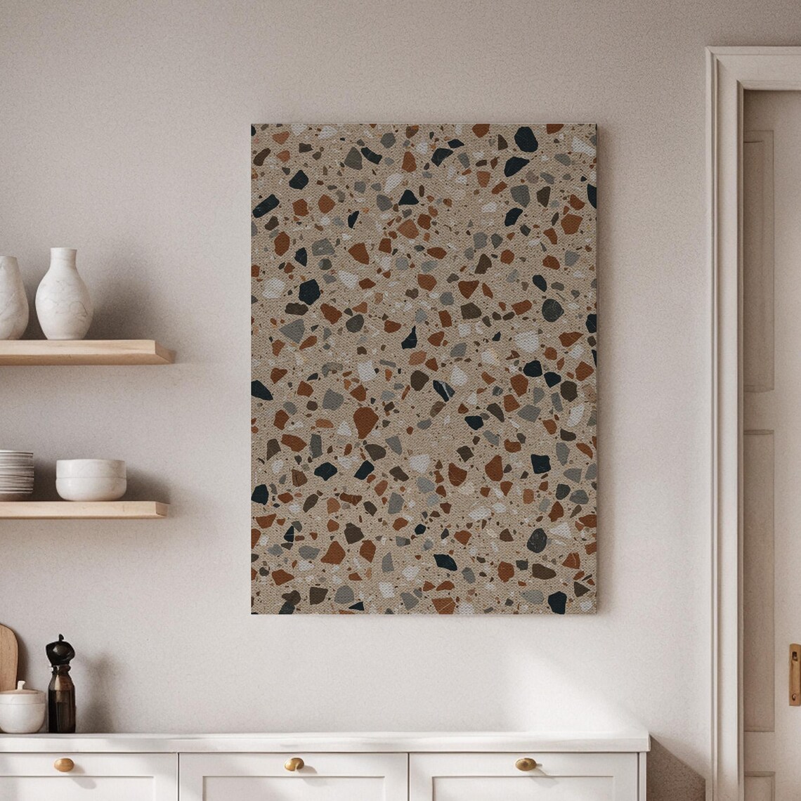 Framed Terrazzo Canvas Print Abstract Minimalist Art Modern Stone Texture Wall Decor In Neutral Tones For Office Living Room Or Kitchen