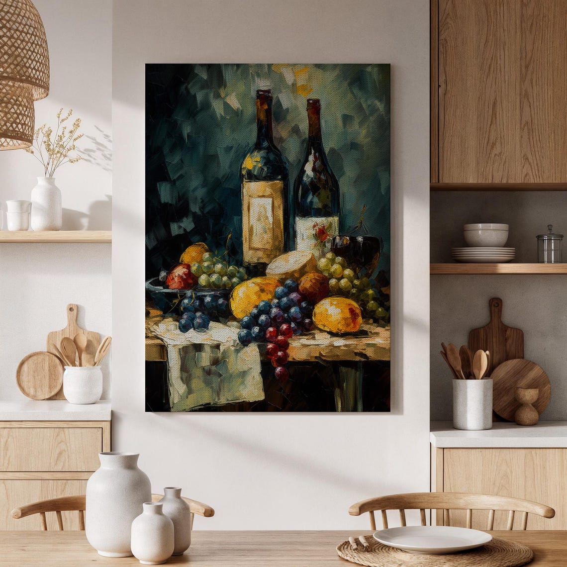 Wine Bottles Grapes Fruit Still Life Dark Impressionist Art Poster