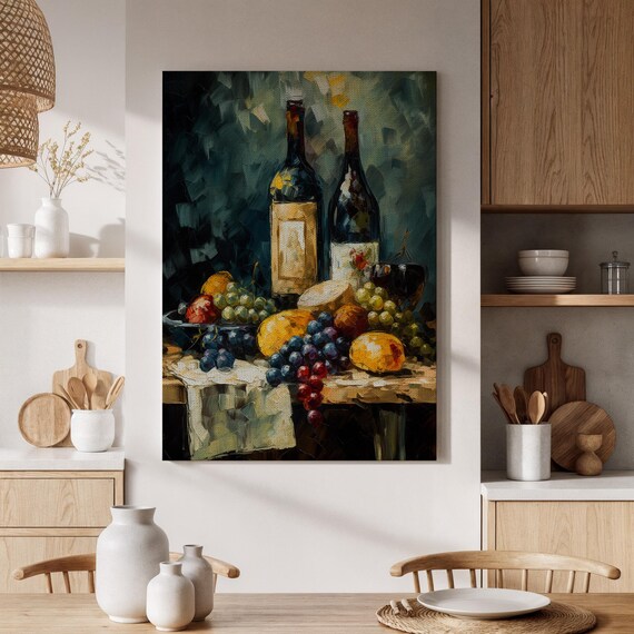 Wine Bottles Grapes Fruit Still Life Dark Impressionist Art Poster