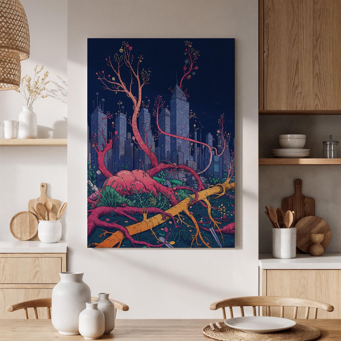Nature Reclaiming City Giant Roots Over Skyscrapers Fantasy Poster