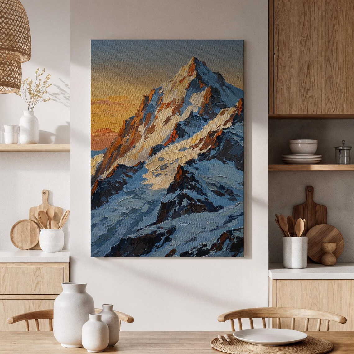 Snowcapped Mountain Peak At Sunrise Warm Orange Light Painting Poster