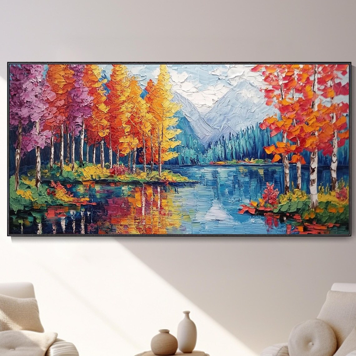 Autumn Forest Lake Reflection Birch Trees Mountain Oil Poster