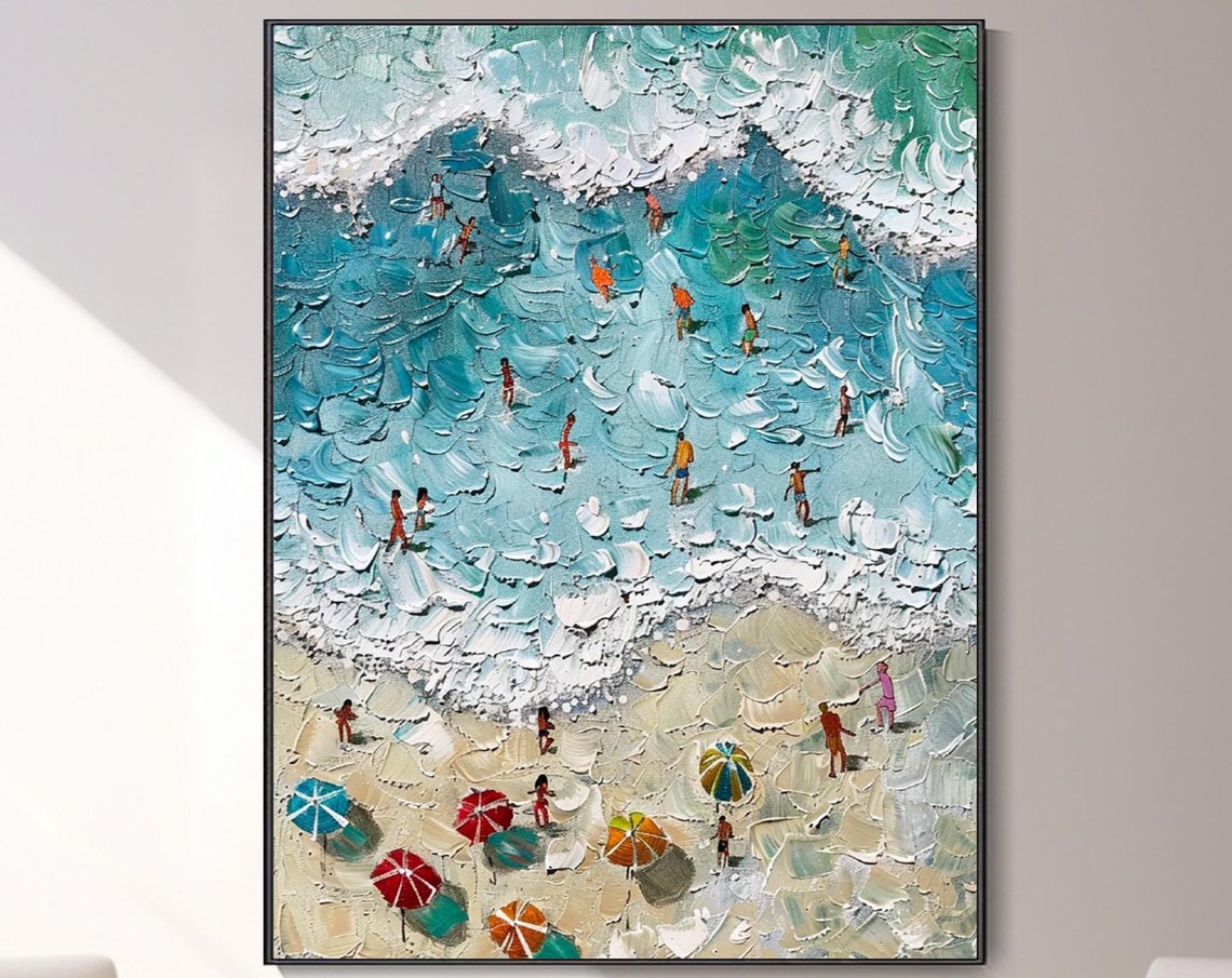 Aerial Beach Swimmers Turquoise Waves Thick Texture Oil Poster
