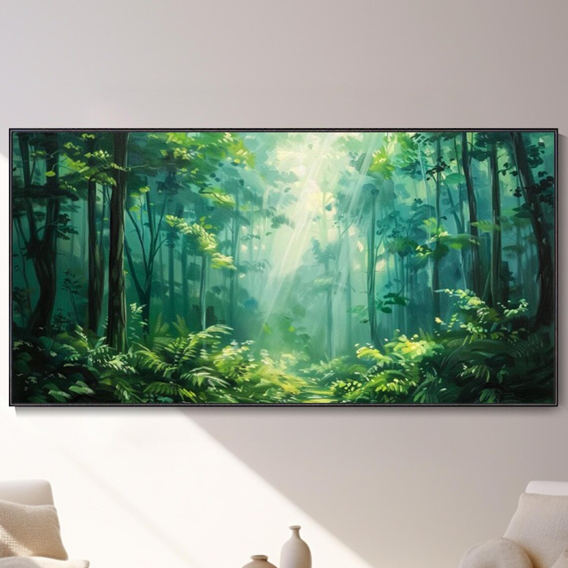 Sunlit Green Forest Light Rays Misty Woodland Nature Art Poster