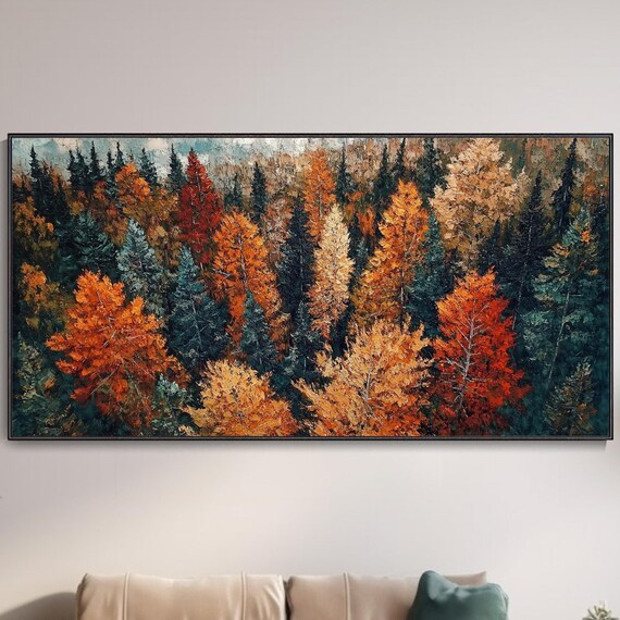 Autumn Forest Canopy Orange Pines Textured Panoramic Oil Poster