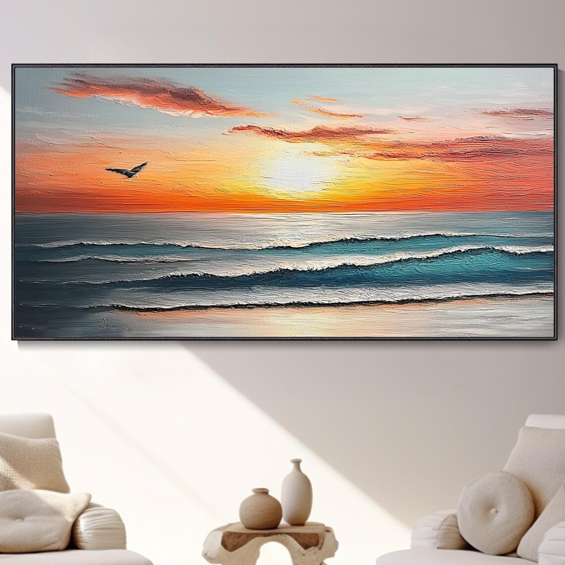 Ocean Sunset Seagull Waves 3D Textured Coastal Seascape Art Poster - Image 5