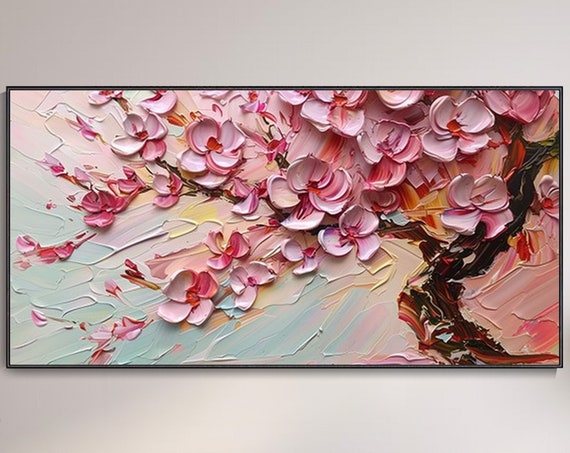 Pink Cherry Blossom Oil Painting, Minimalist Spring Art Print