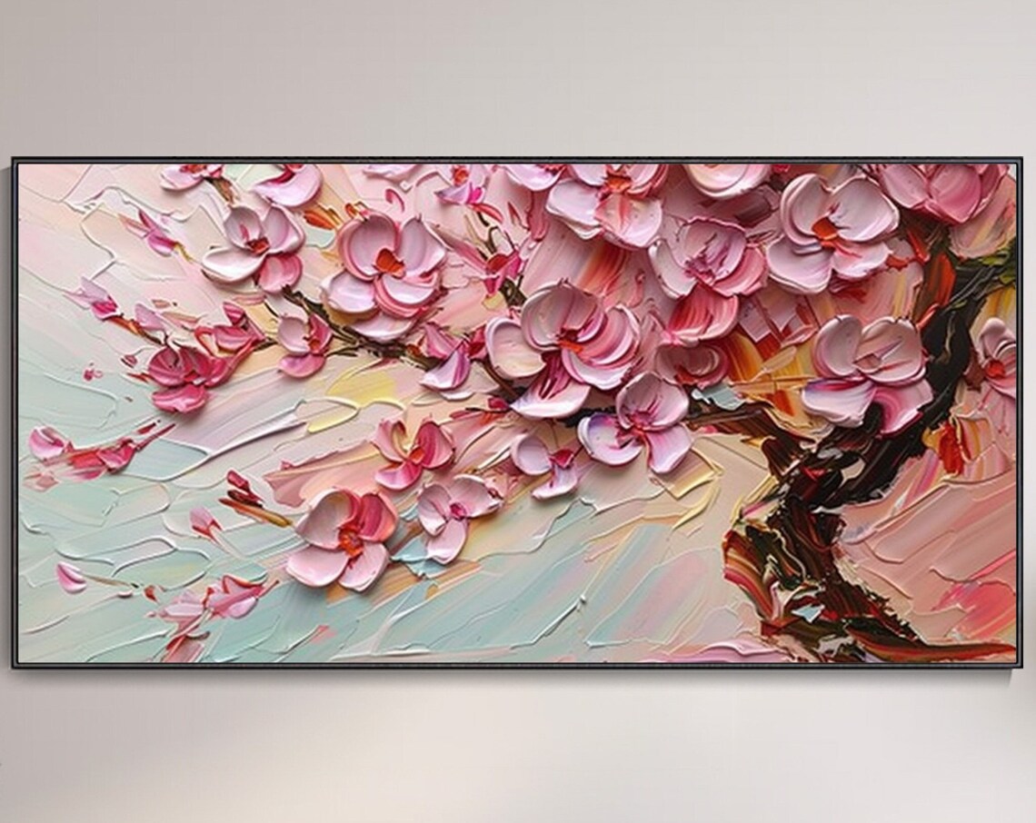 Pink Cherry Blossom Oil Painting, Minimalist Spring Art Print