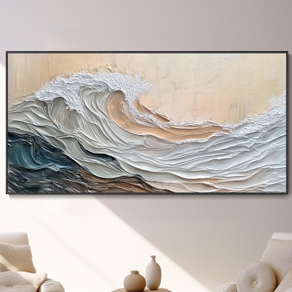 Gray White Blue Ocean Wave Minimalist Texture Oil Painting Poster