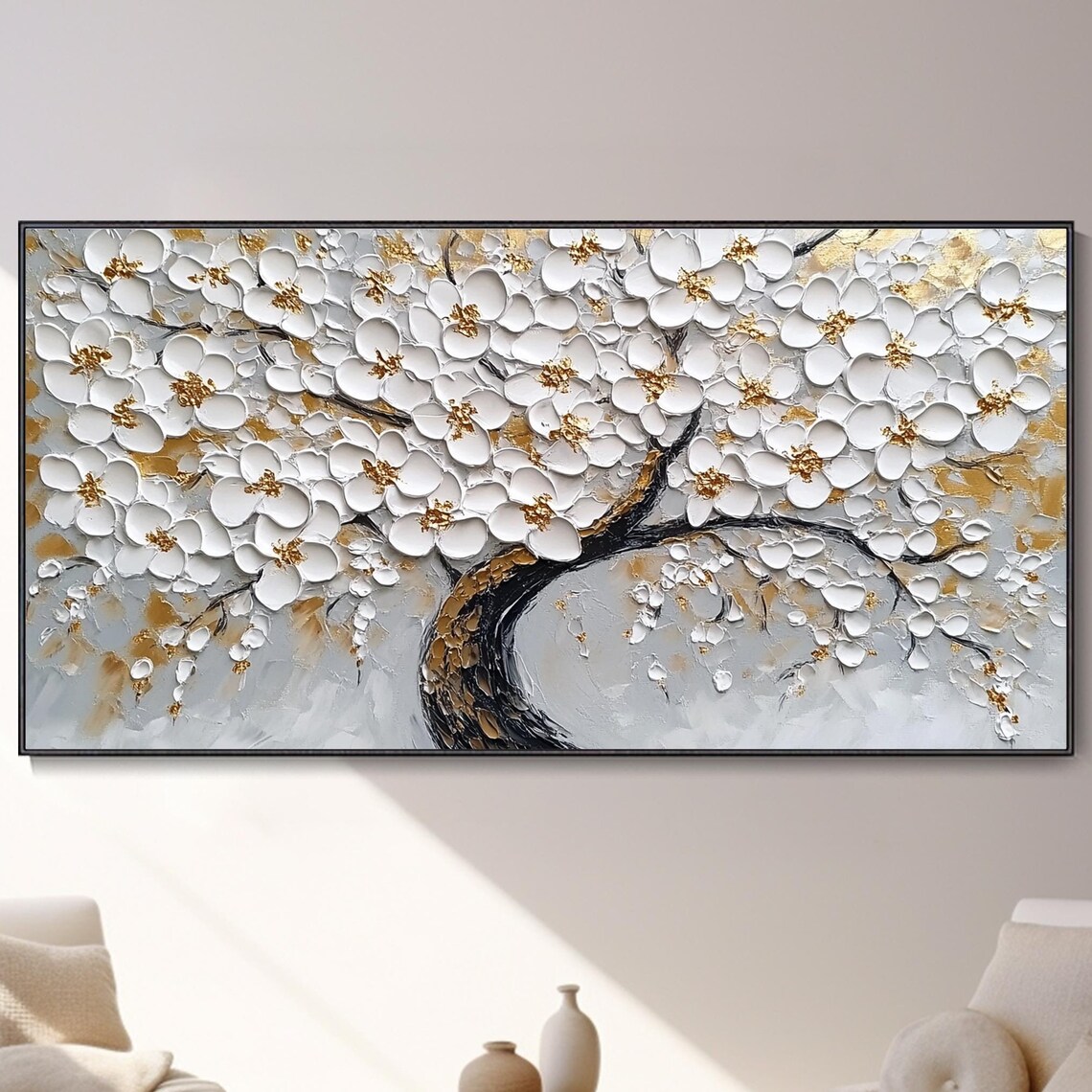 White Blossom Tree Gold Accents Black Trunk Floral Oil Poster