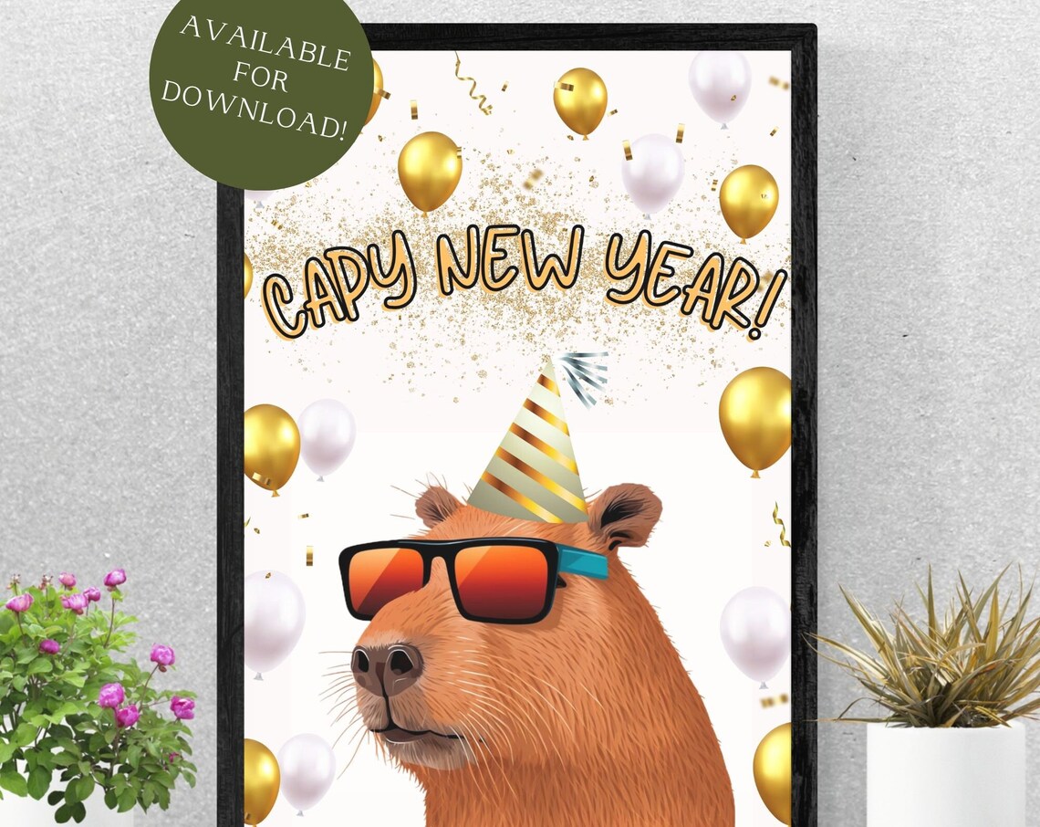 Capy New Year Poster Funny Capybara Art Pun Art Fun Wall Decor Happy New Year