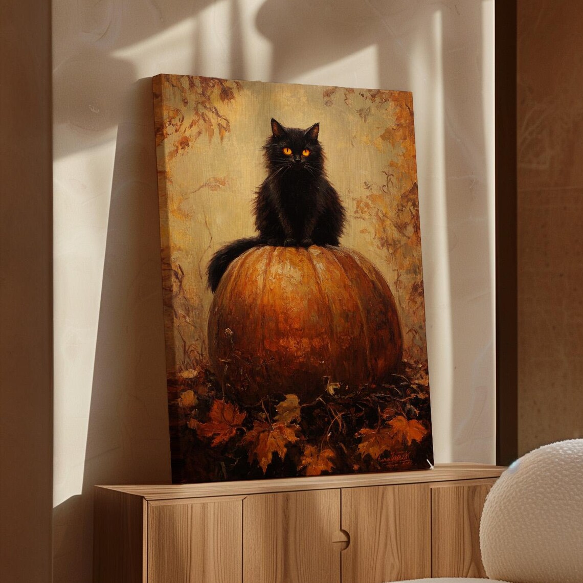 Black Cat On Pumpkin, Cozy Fall Halloween Art