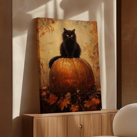 Black Cat On Pumpkin, Cozy Fall Halloween Art