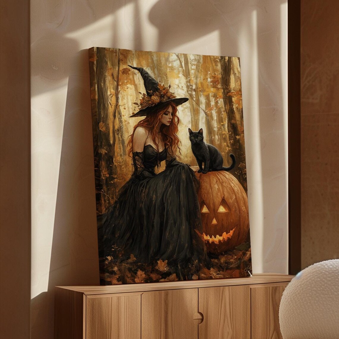 Elegant Redhead Witch and Black Cat on Pumpkin in Golden Autumn Forest Art