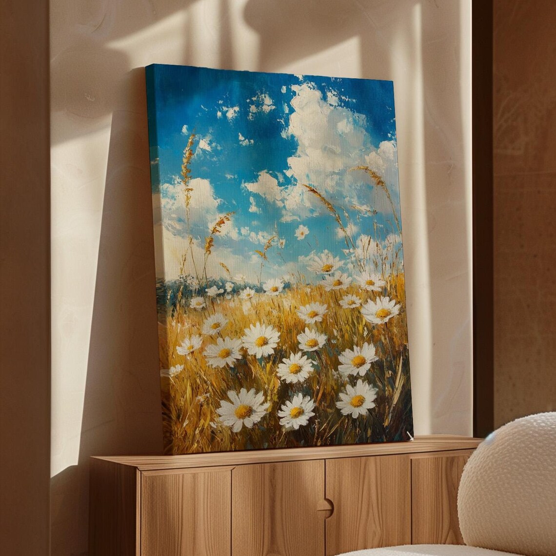 Sunny Field Of Daisies, Cheerful Meadow Landscape