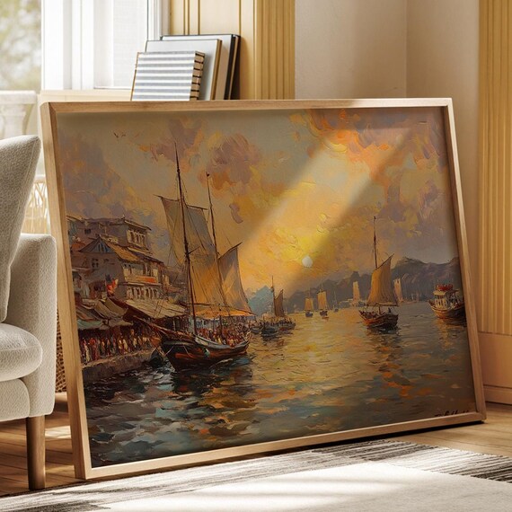 Sailboats Sunset Harbor Bustling Waterfront Vintage Scene Poster