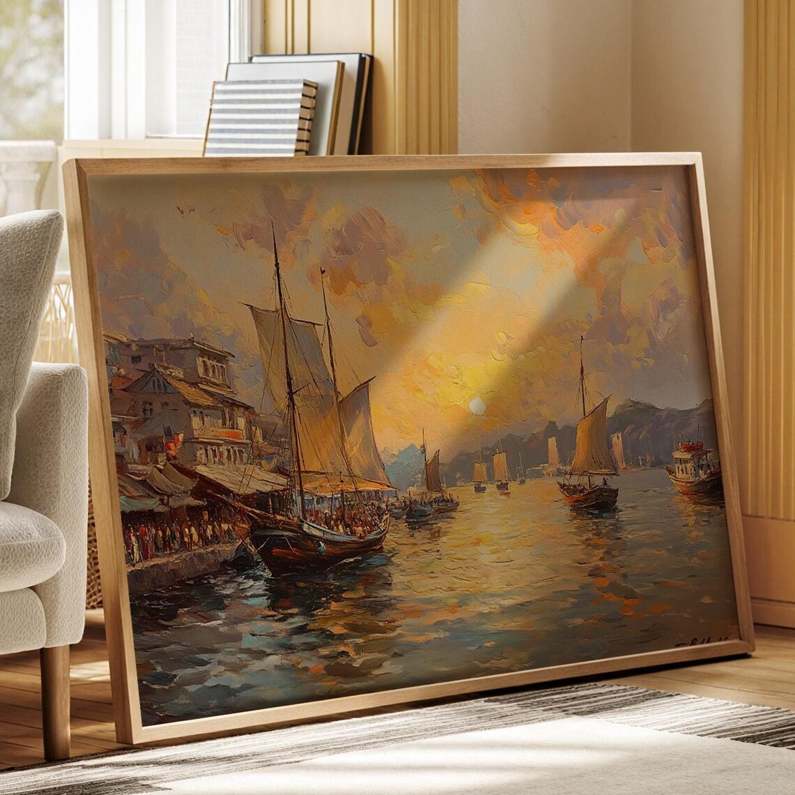 Sailboats Sunset Harbor Bustling Waterfront Vintage Scene Poster