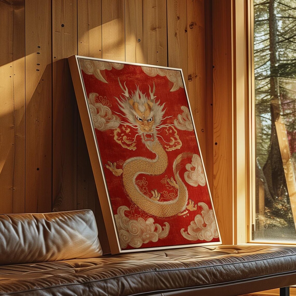 Golden Chinese Dragon On Red Silk With Traditional Cloud Motifs Wall Art