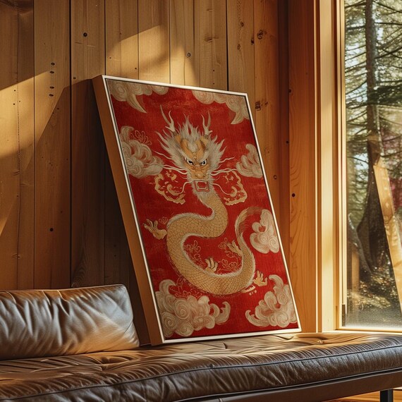 Majestic Golden Dragon Wall Art Chinese Mythology With Red Clouds For Unique Oriental Home Or Office Decor