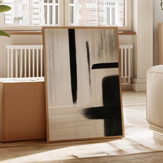 Modern Minimalist Abstract Canvas In Black And White With Bold Vertical Horizontal Brush Strokes For Contemporary Wall Decor