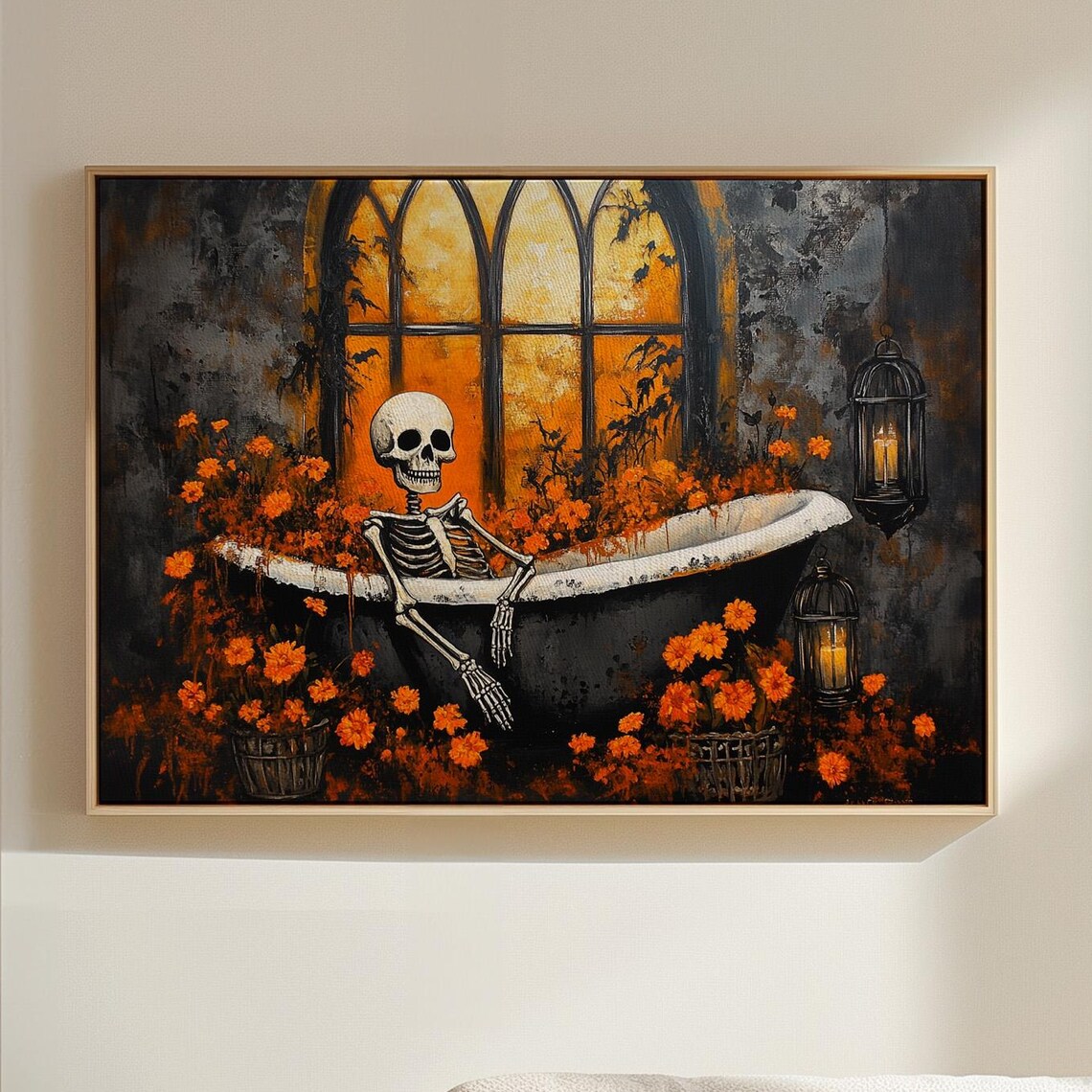 Skeleton Relaxing in Gothic Bathtub Spooky Halloween Marigold Poster