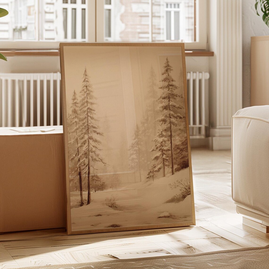 Misty Snowy Pine Forest Fog Sepia Watercolor Winter Woodland Poster