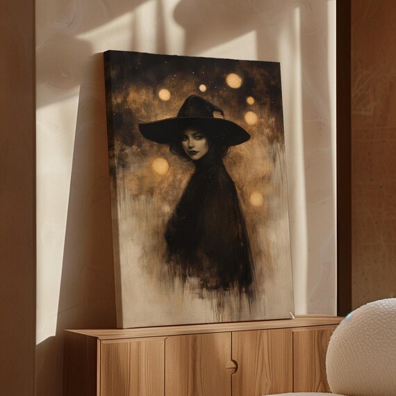 Ethereal Witch In Black Hat Golden Orbs Mystical Halloween Poster