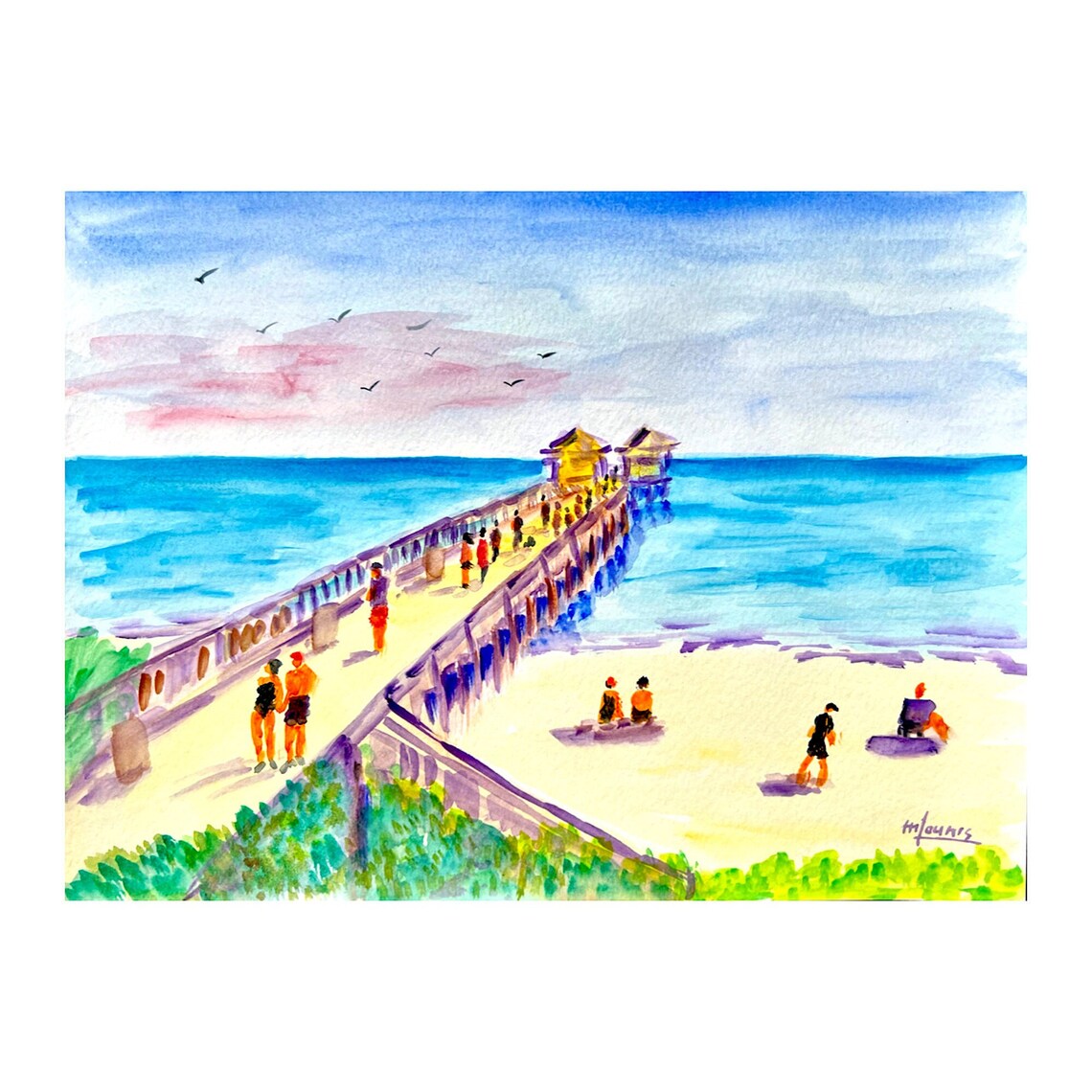 Naples Pier, Florida Beach Watercolor Art Print