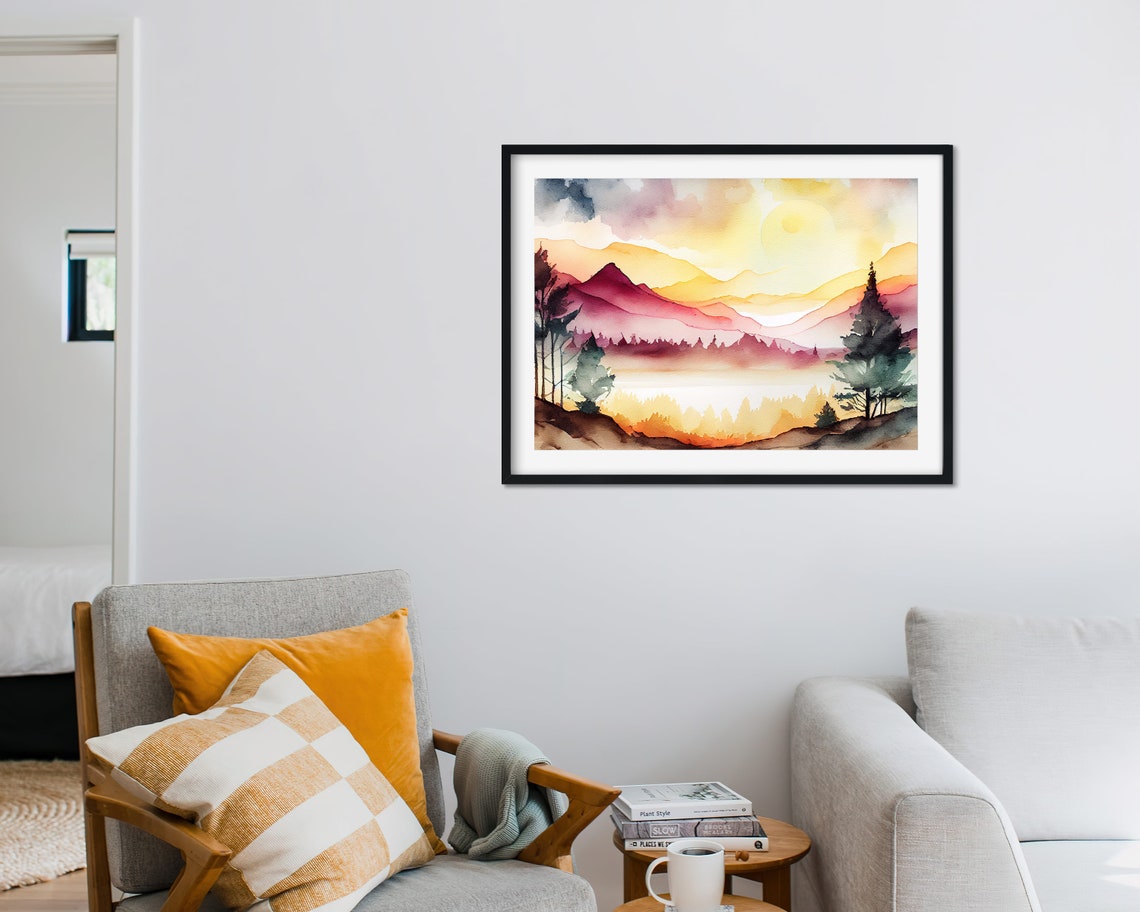 Pink Sunset Watercolor Mountain Valley Pine Trees Landscape Poster - Image 2