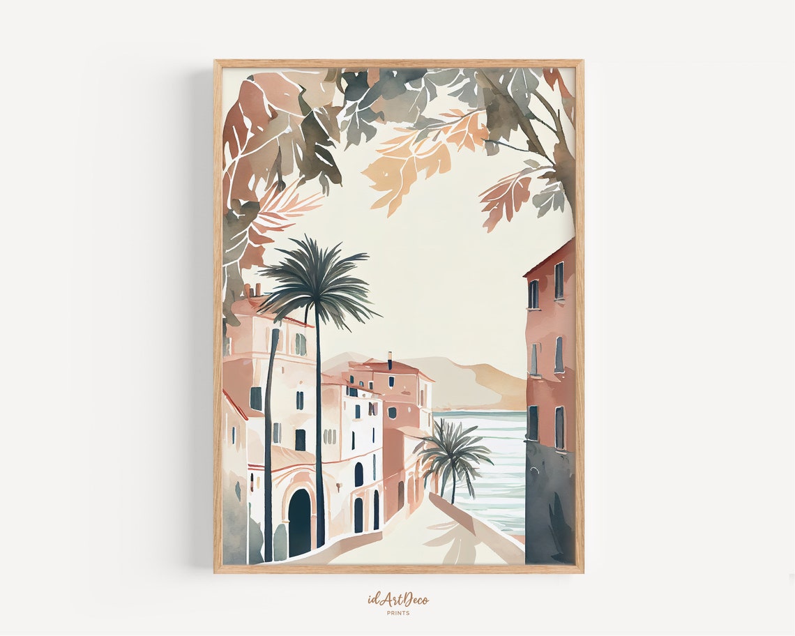 Mediterranean Coastal Town Palm Trees Watercolor Travel Poster