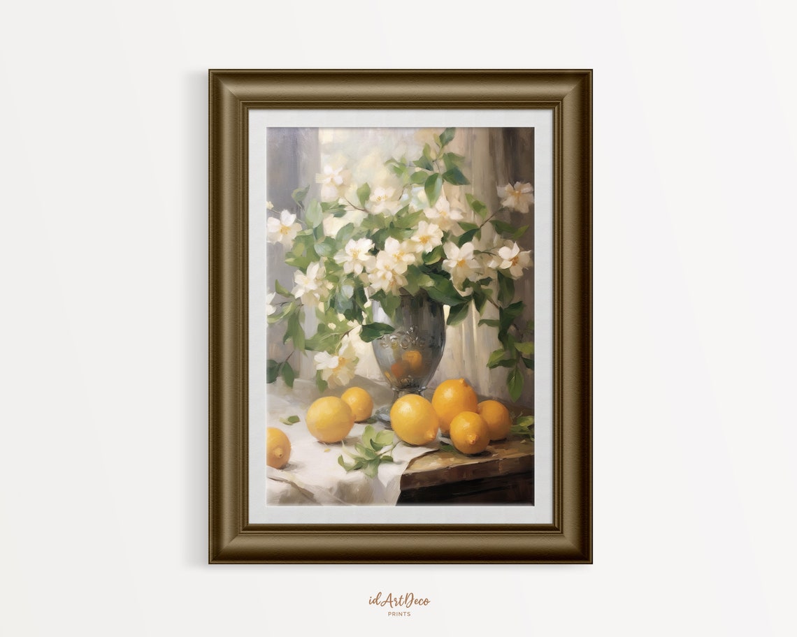 White Blossom Bouquet Lemons Still Life Impressionist Kitchen Poster - Image 3