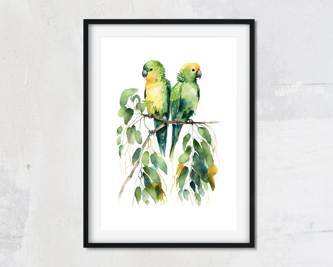 Green Parrot Pair on Branch Watercolor Bird Painting Tropical Poster - Image 2