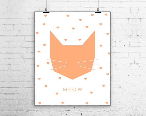 Meow Cat Print Kitty Print Orange Coral Geometric Art Modern Home Decor Nursery Print Art Heart Print Coral Nursery Art