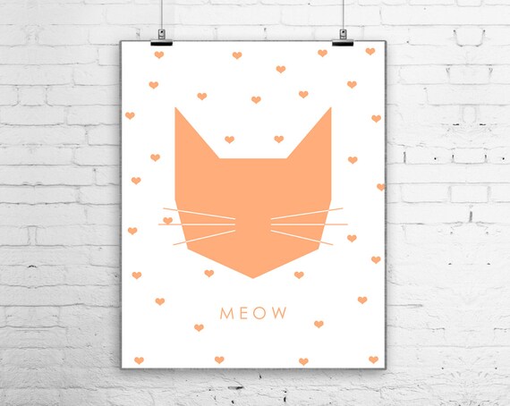 Peach Coral Geometric Cat Face Meow Hearts Modern Nursery Wall Art Poster