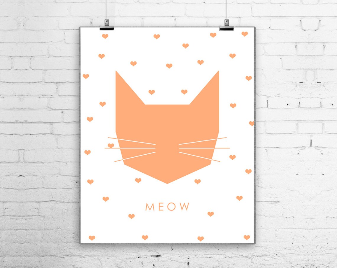 Peach Coral Geometric Cat Face Meow Hearts Modern Nursery Wall Art Poster