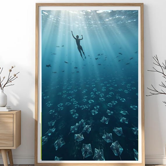 Underwater Stingray Wall Art Ocean Scuba Diver Print